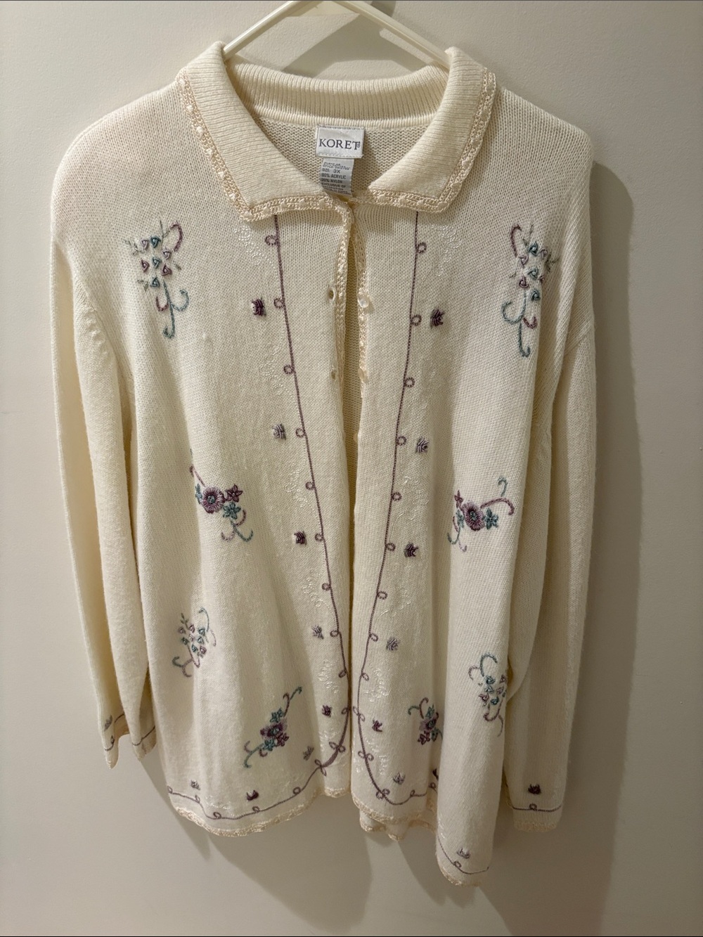 Koret Cream Knit Cardigan with Purple & Green Floral Embroidery